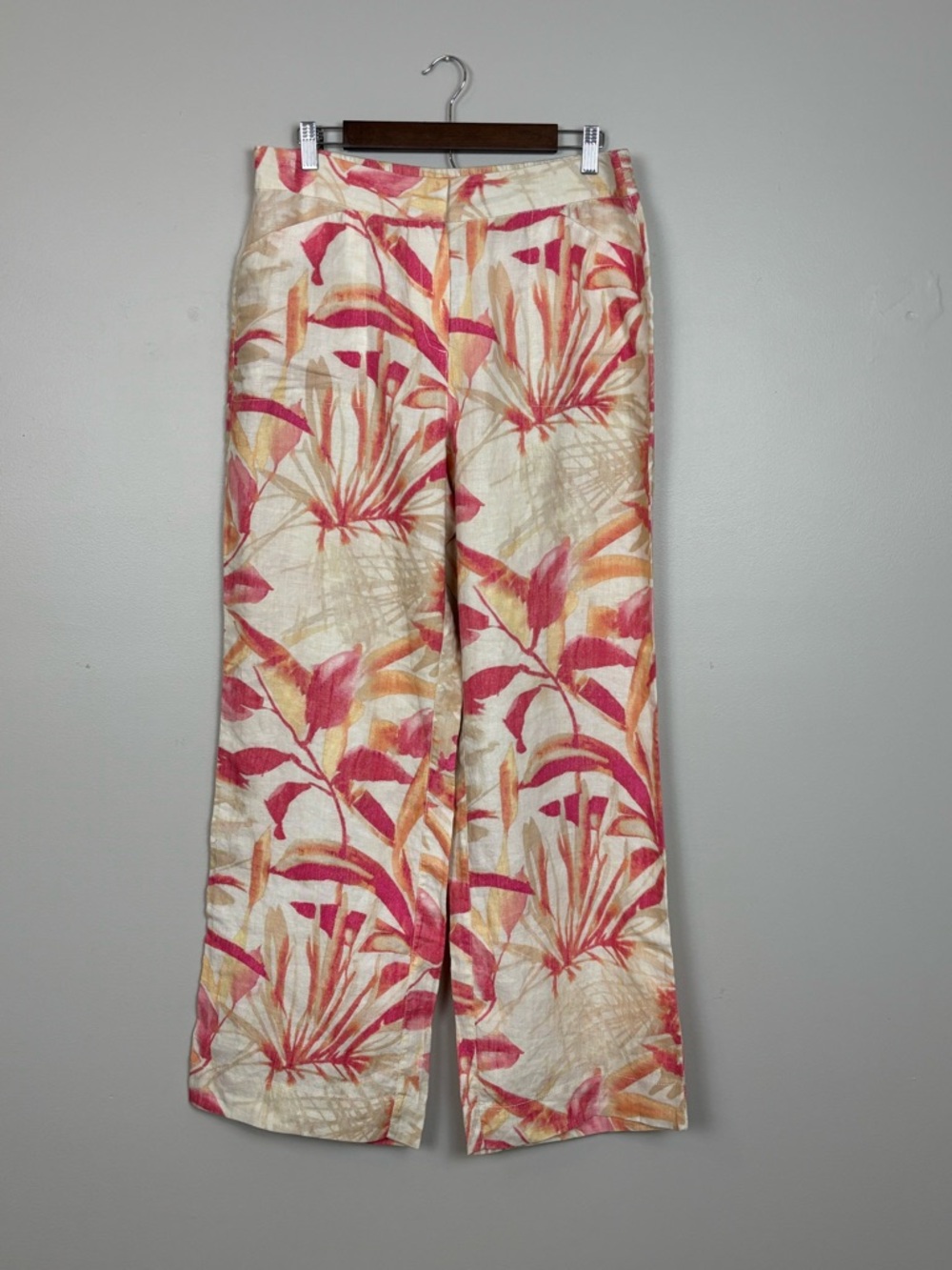 Chicos Pants Womens 2 US Lg Cream Pink Havana Shores Palm Leaf Wide Leg Linen